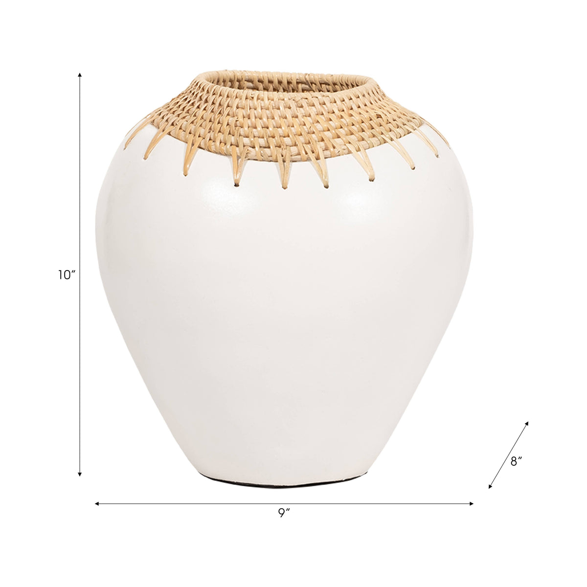 White vase with woven top on a white background