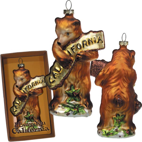 Glass bear ornaments with 'California' and 'I Love You California' text on a white background