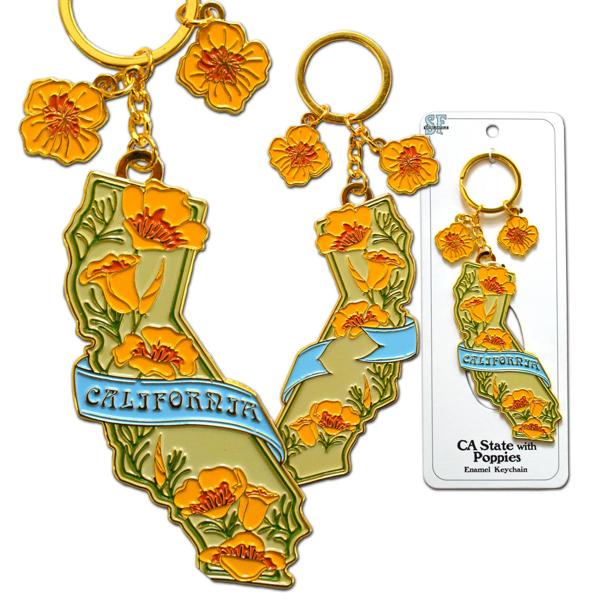 Keychain shaped like California with poppy flowers on a white background