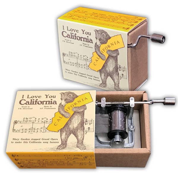 Vintage-style music box with 'I Love You California' design and bear illustration.