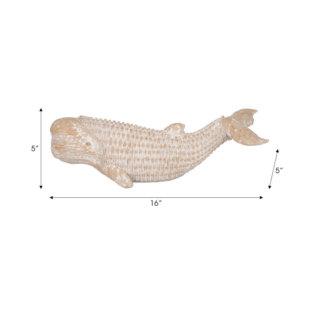 A whale-shaped decorative sculpture in a textured off-white finish, shown with dimension lines indicating a length of 16 inches and height/depth of 5 inches.
