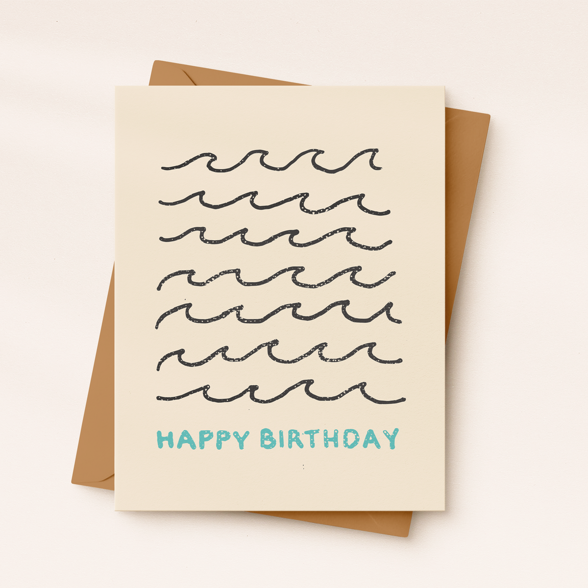 Birthday card with wavy line design and 'Happy Birthday' text on a beige background