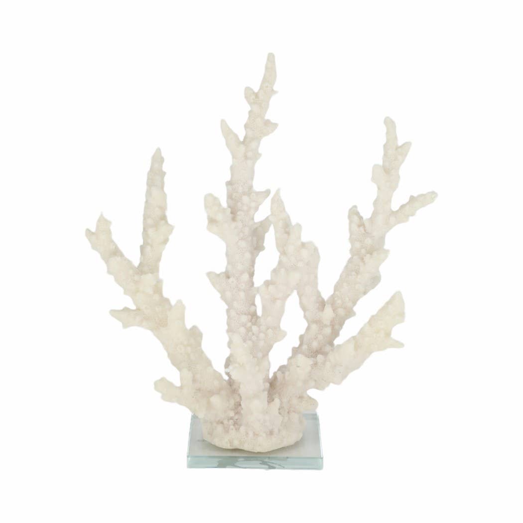 Decorative white coral branch on a clear base against a white background