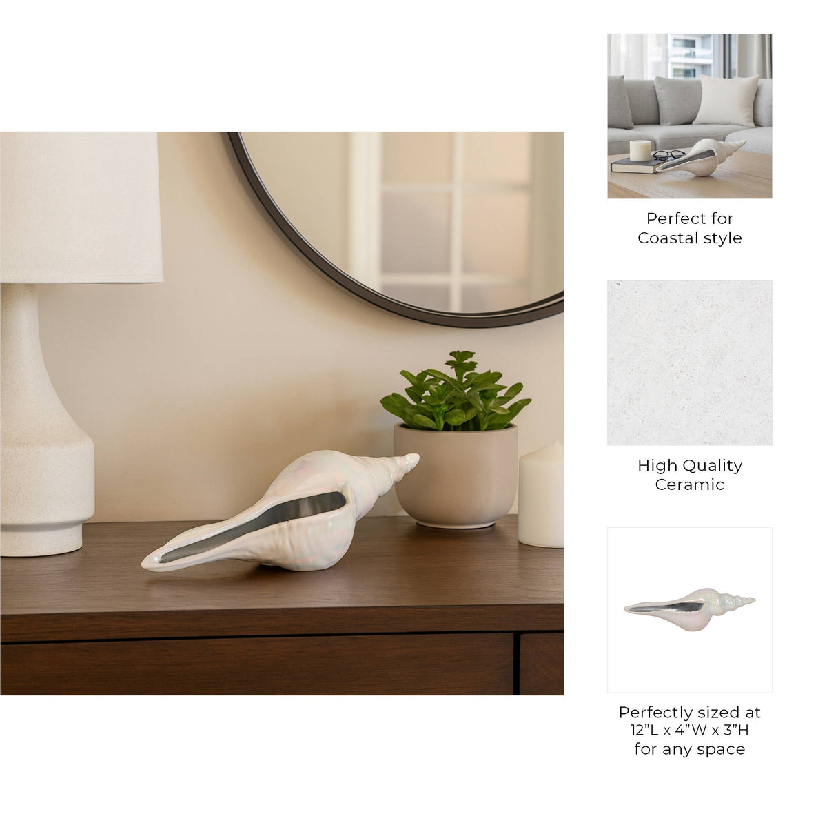 A ceramic seashell-style candle holder with a dark gray center band, styled on a wooden console table next to a potted plant and a white table lamp. The right side of the image features three informational panels with text overlays describing its coastal style, high-quality ceramic finish, and precise sizing.