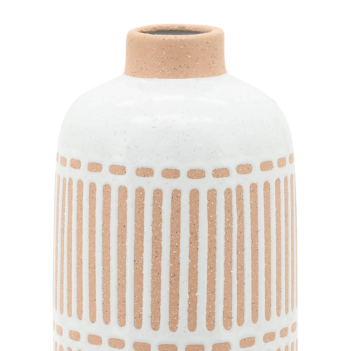 A ceramic vase with a rounded white body, decorated with vertical terracotta-colored stripes and dotted accents, featuring a matching terracotta-colored textured neck on a white background.