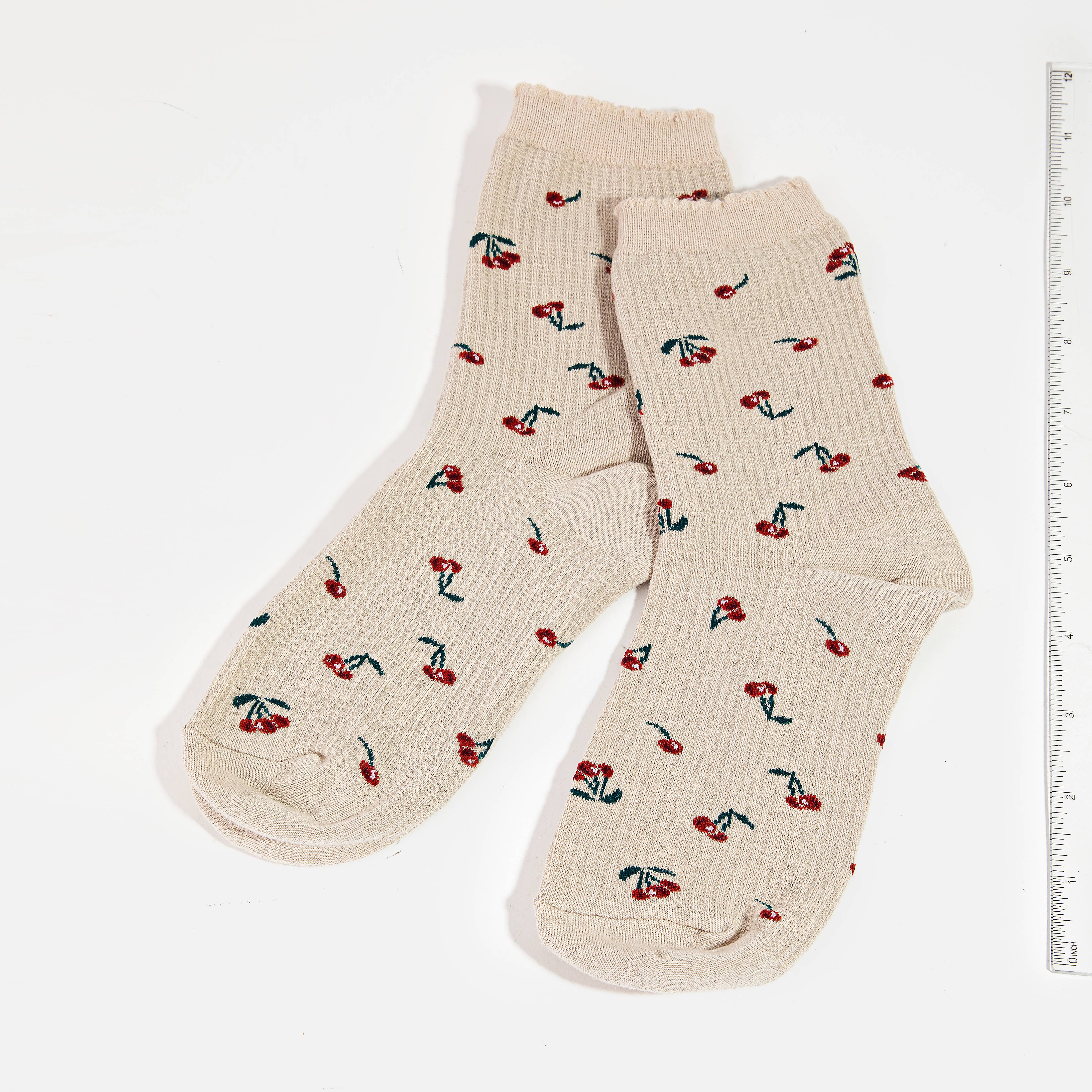 Beige Cherry Print Socks