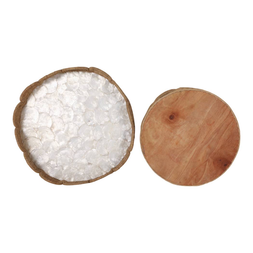 Wooden container with white beads inside on a white background