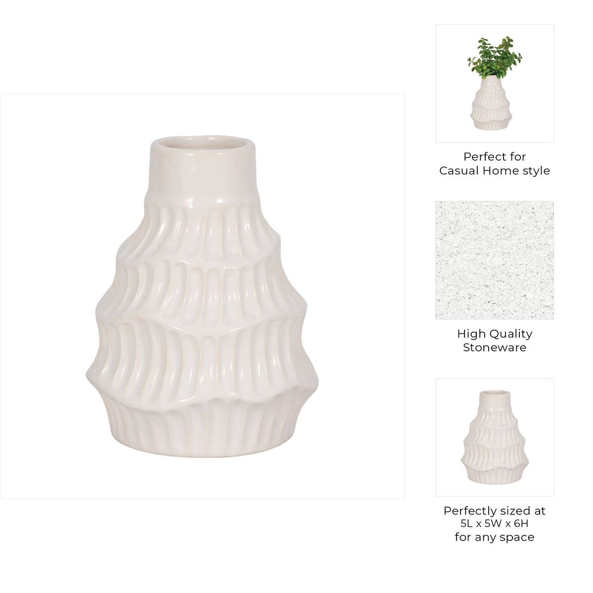 An off-white ribbed ceramic vase shown on a white background, with three small inset callouts on the right describing its use, stoneware quality, and size suitability.