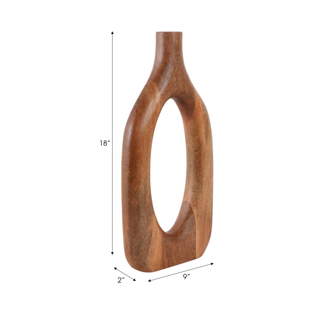 A brown wooden decorative vase with a smooth, rounded silhouette and a central oval cutout, shown with dimension arrows and labels indicating 18 inches tall, 9 inches wide, and 2 inches deep on a white background.