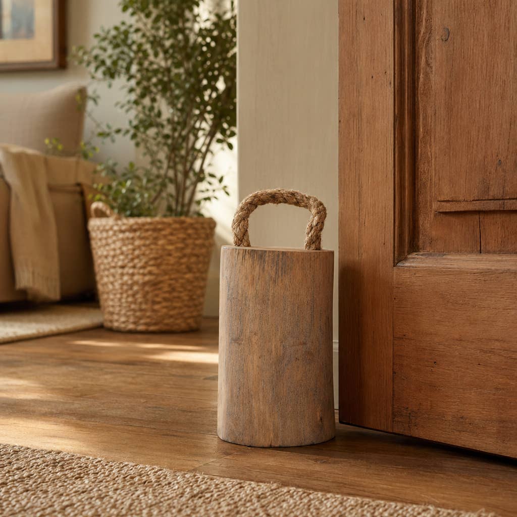 Wooden door stopper with a handle in a home setting