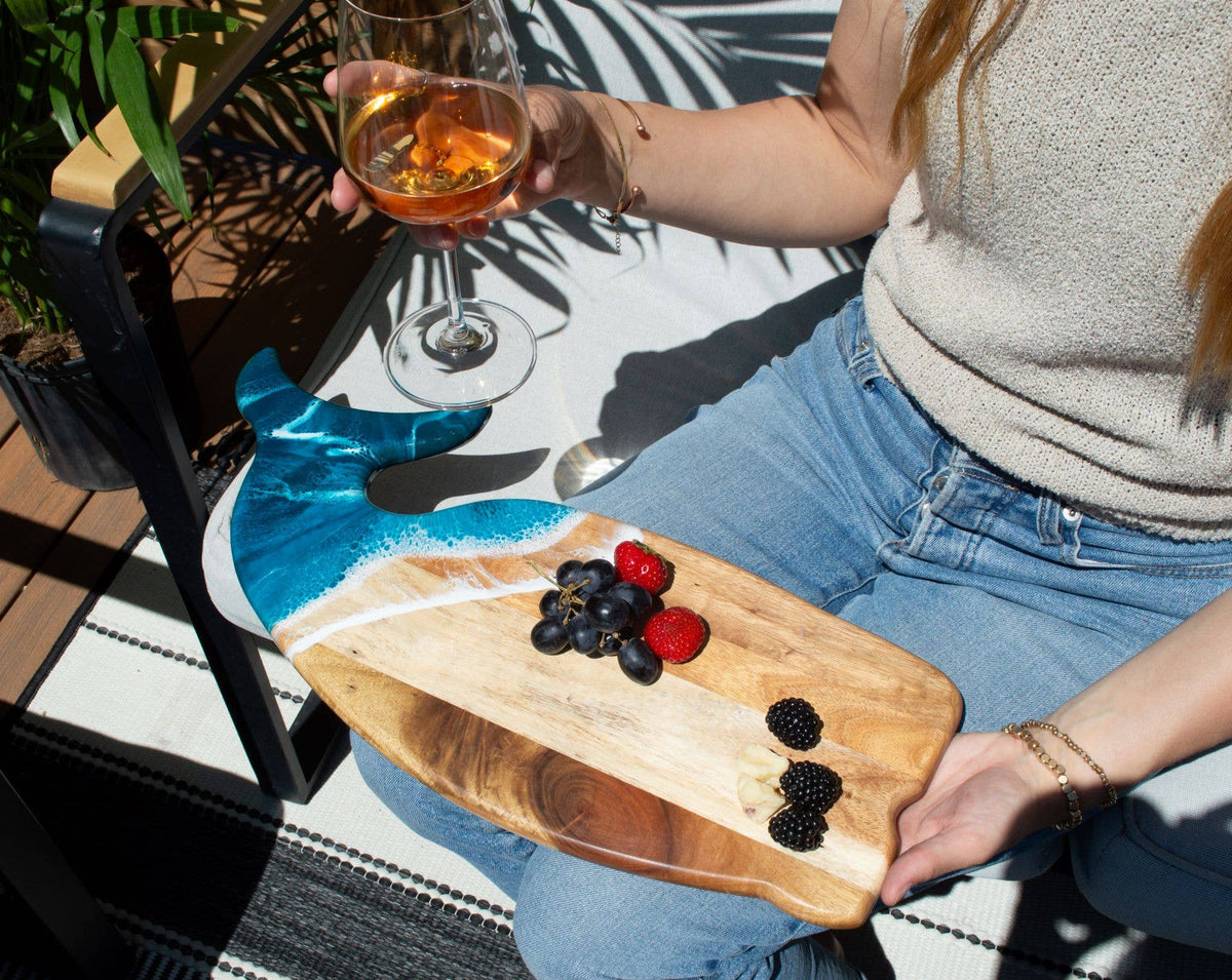 Whale-Shaped Acacia Wood & Ocean Resin Charcuterie Board