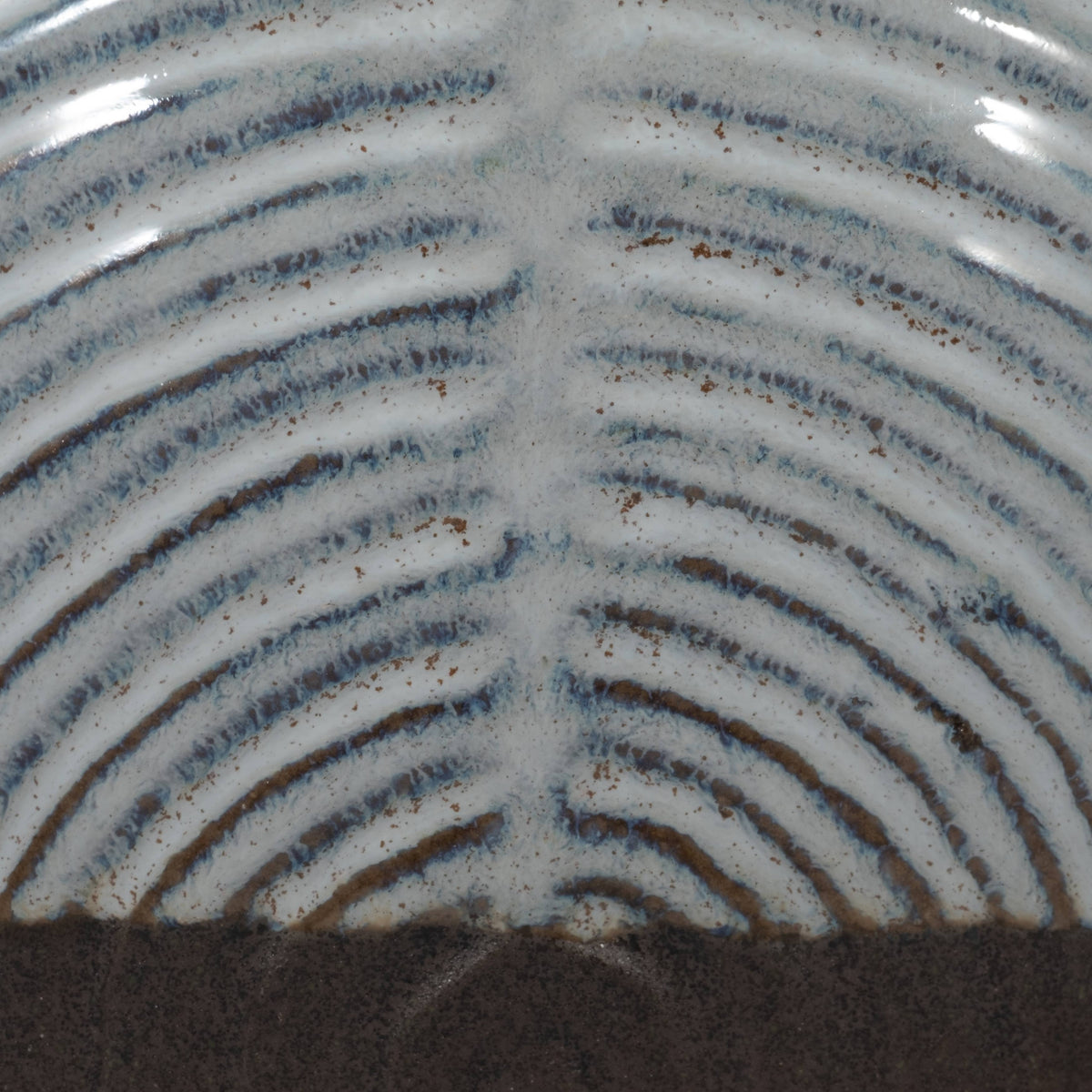 Close-up of a ceramic plate or dish showing a glossy white glaze with concentric blue-gray and brown radial lines and small brown speckles.