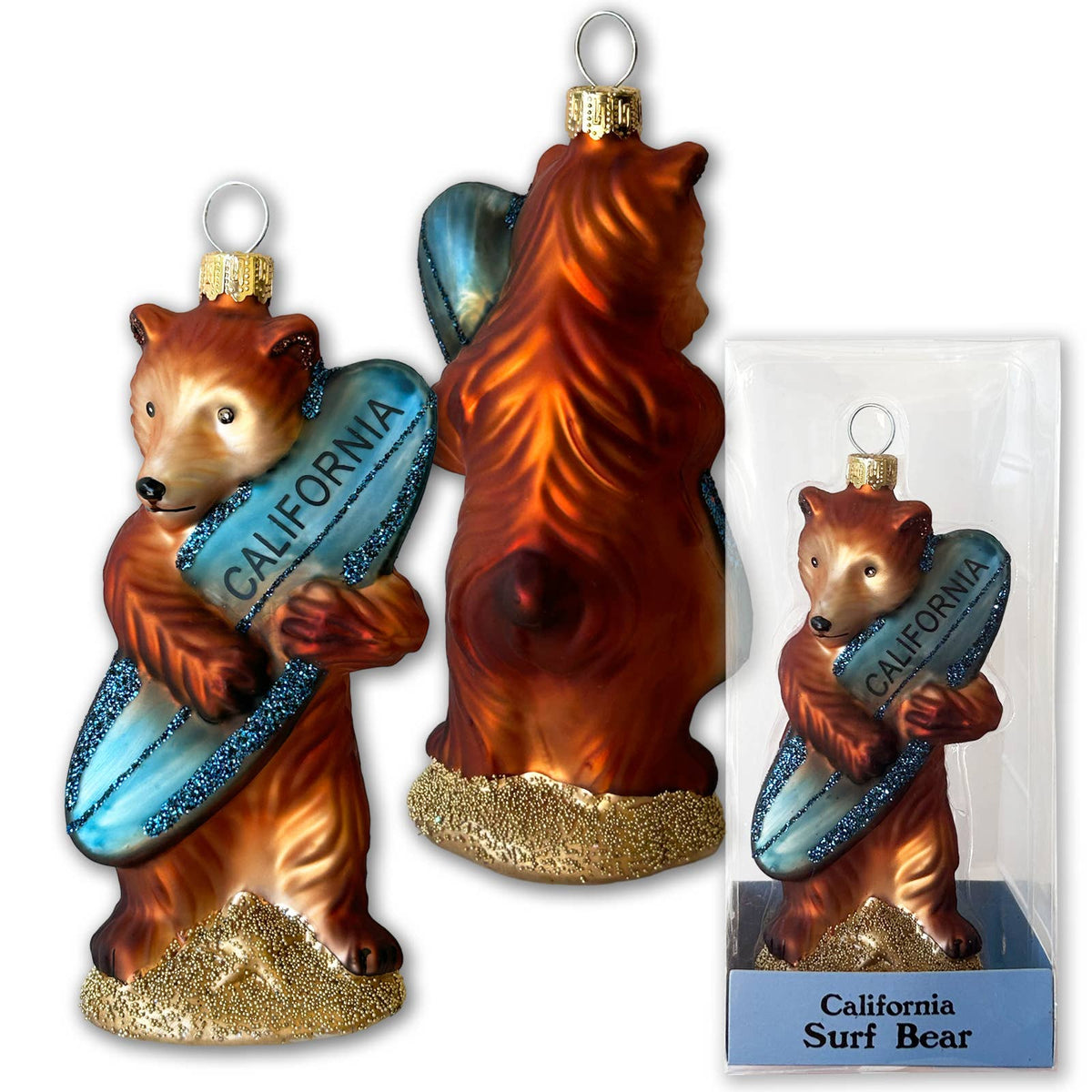 Glass bear ornament holding a surfboard with 'California' text, on a white background.