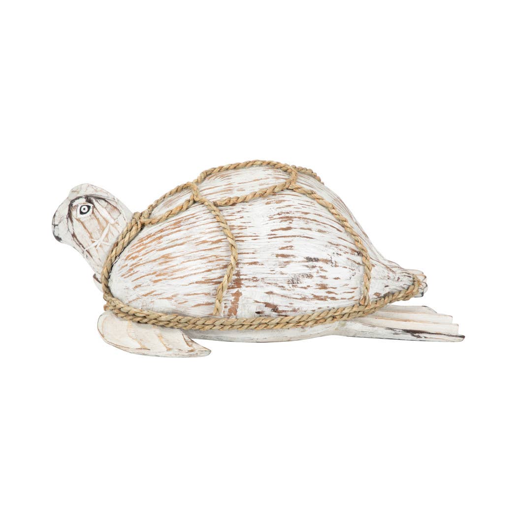 White Wood Coastal Rope Turtle Figurine (5")
