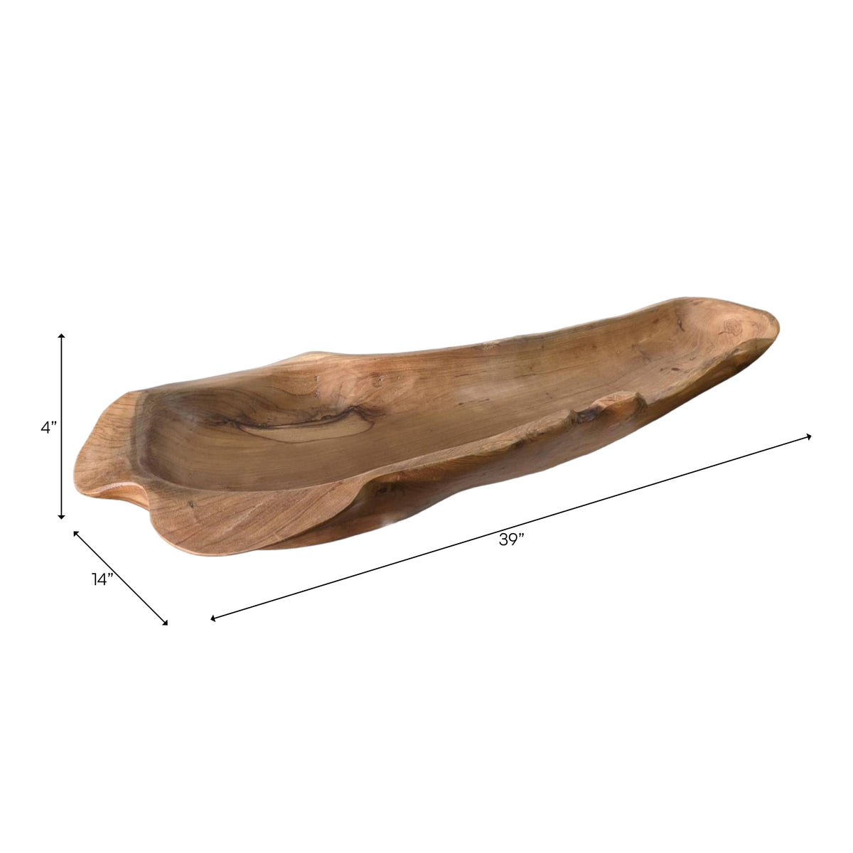 A natural wood serving tray with dimension markings showing 35 inches in length, 14 inches in width, and 4 inches in height, on a plain white background.