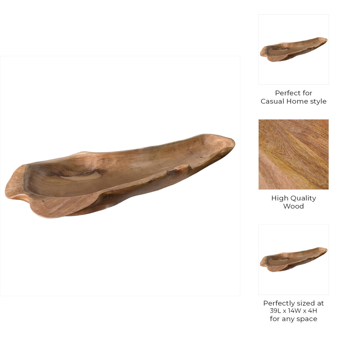Wooden serving tray with specifications on a white background