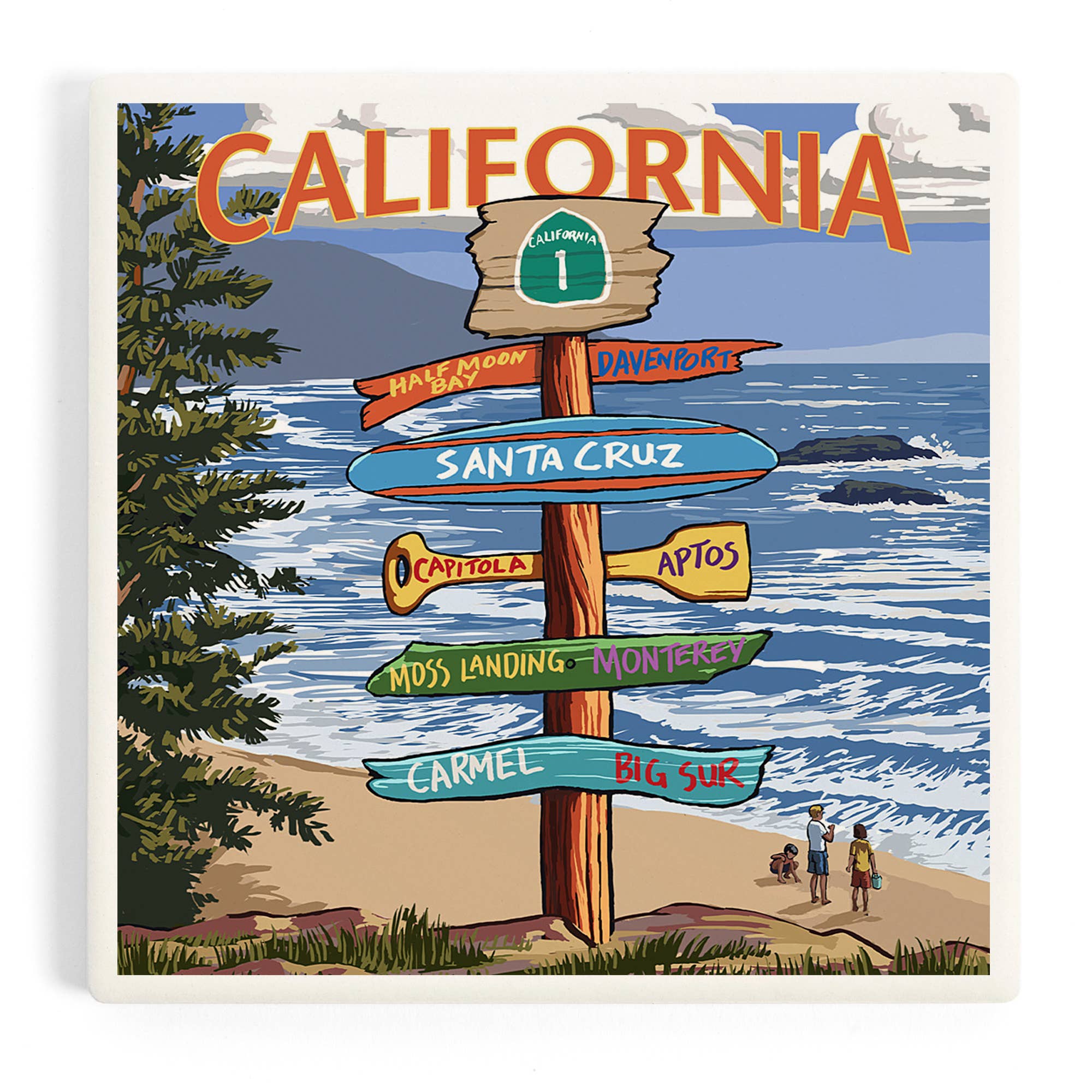 Illustration of a signpost with California destinations near a beach.