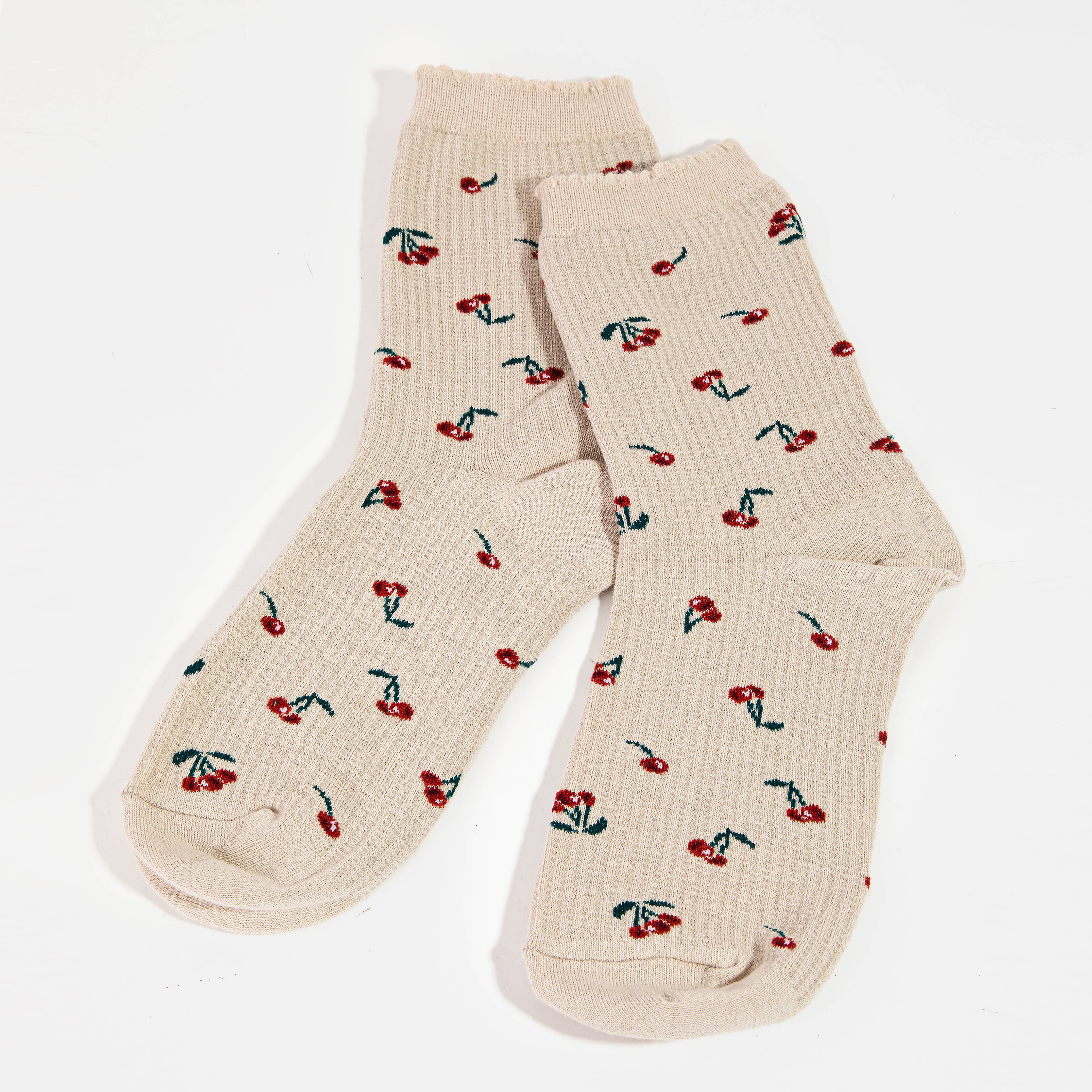Beige Cherry Print Socks