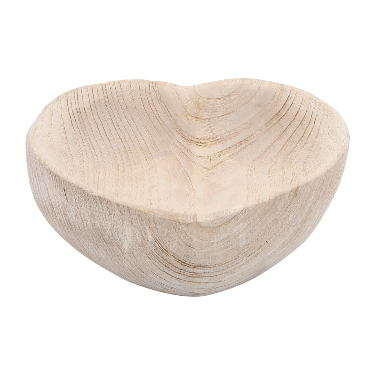 A heart-shaped wooden bowl with a natural light wood grain finish, photographed on a solid white background.