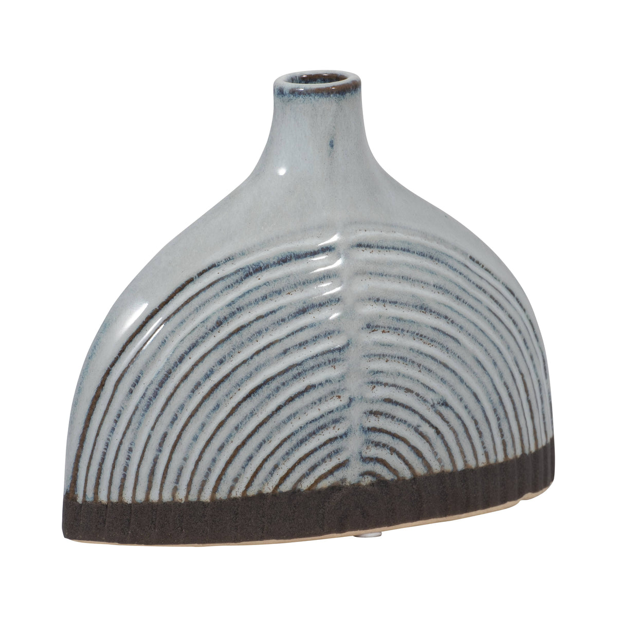 A small ceramic bud vase with a glossy glaze, featuring concentric arched ribbing on the body and a dark brown textured band around the base.