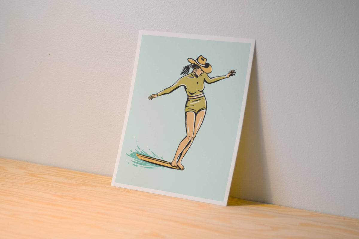 Surf Cowgirl Nose Riding Illustration Art Print – 8x10