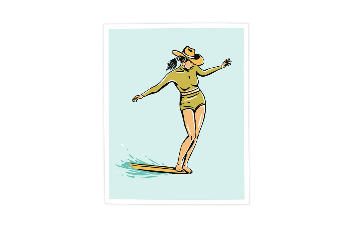 Surf Cowgirl Nose Riding Illustration Art Print – 8x10
