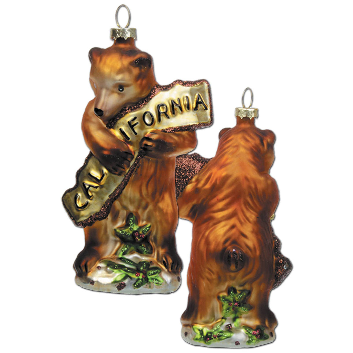 A pair of brown bear Christmas ornaments on a white background. One ornament shows a bear holding a sign that reads 'CALIFORNIA' in gold letters, while the other shows the back of a brown bear with green holly accents near the base.