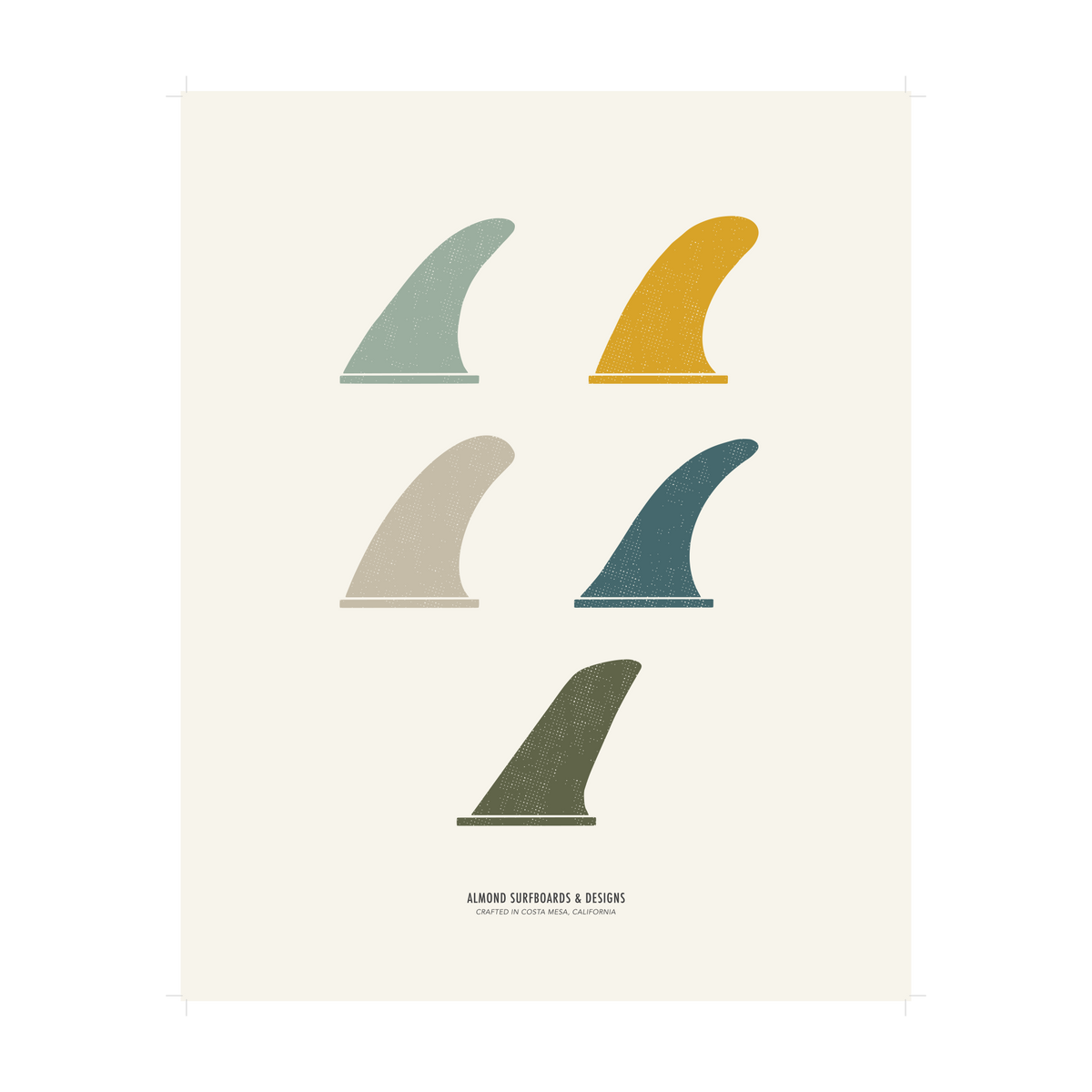 Set of five colorful surfboard fins on a beige background
