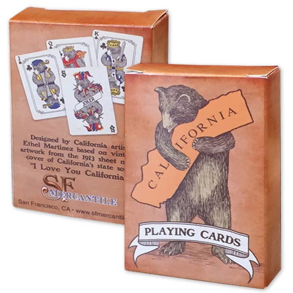 Playing cards with bear illustration and 'California' text on a white background