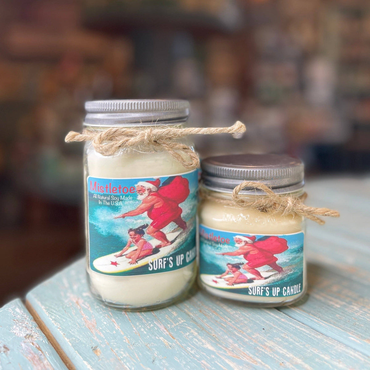 Mistletoe Surfing Santa Mason Jar Candle - Vintage Collection: 8oz Medium