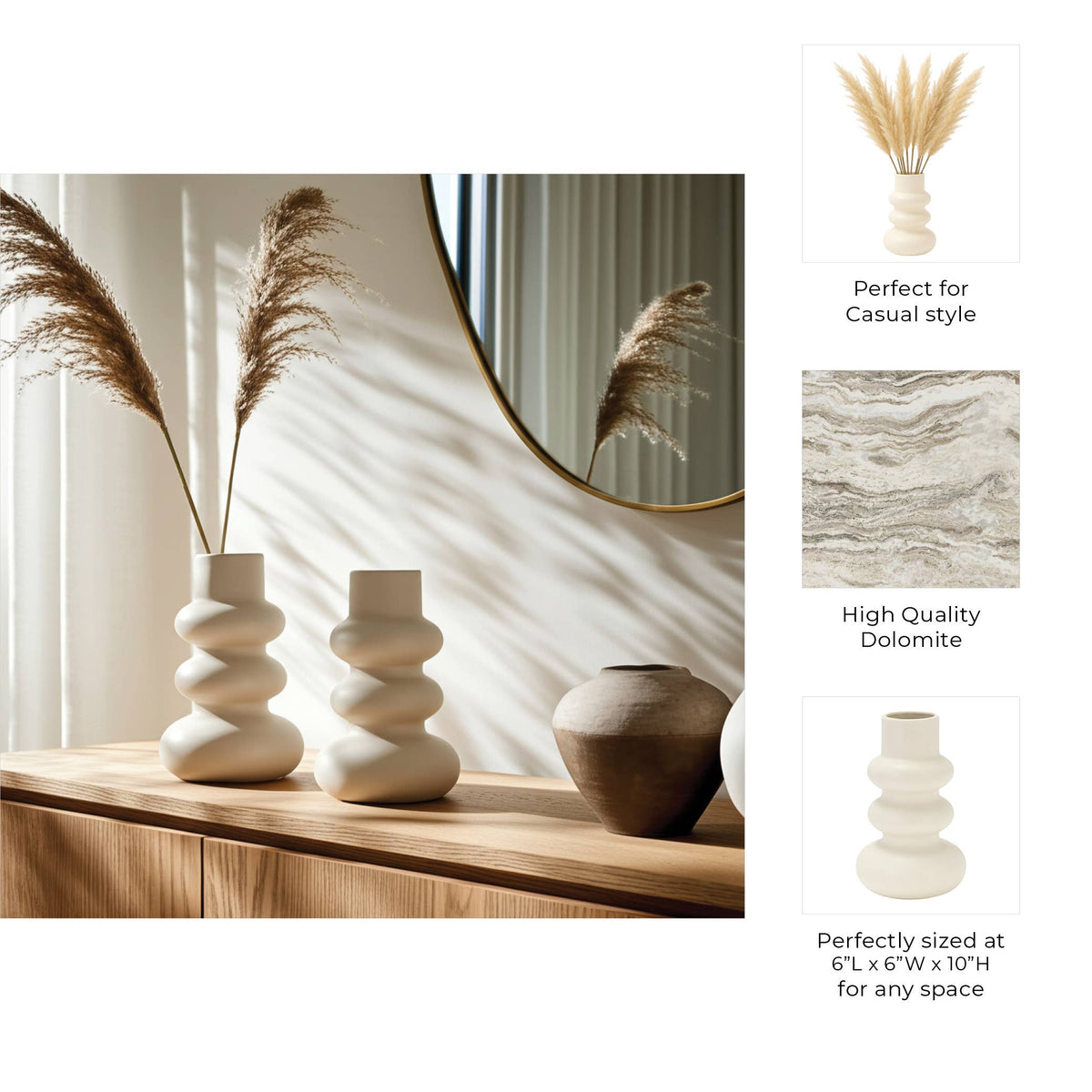 Two stacked ceramic vases in a warm off-white matte finish, styled on a wooden console table with pampas grass and a round mirror. The image includes three text callouts on the right detailing the vases' suitability for casual styling, their high-quality dolomite material, and their perfect sizing at 6'1 x 6'4 x 10'4.