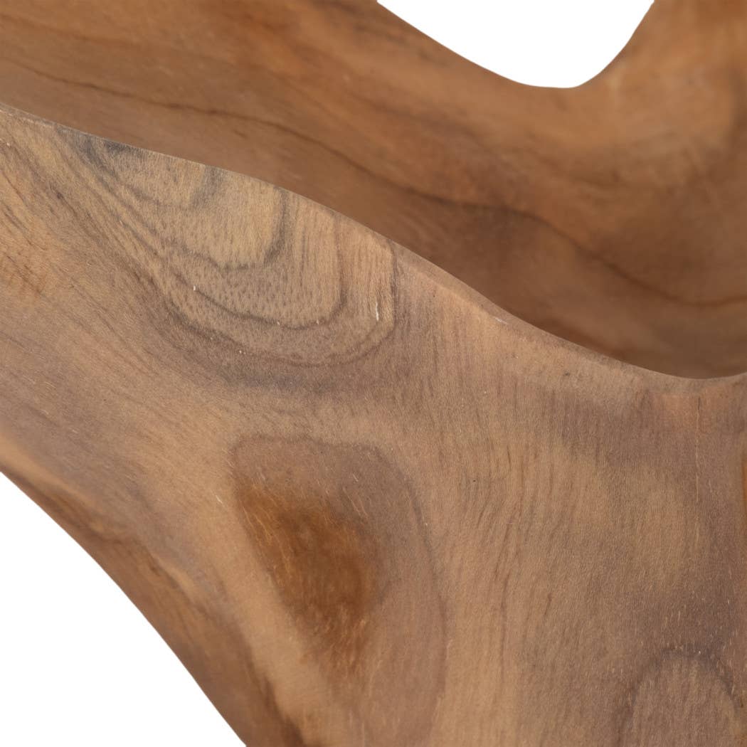 Close-up of a curved wooden object showing natural wood grain and a warm medium-brown finish against a white background.