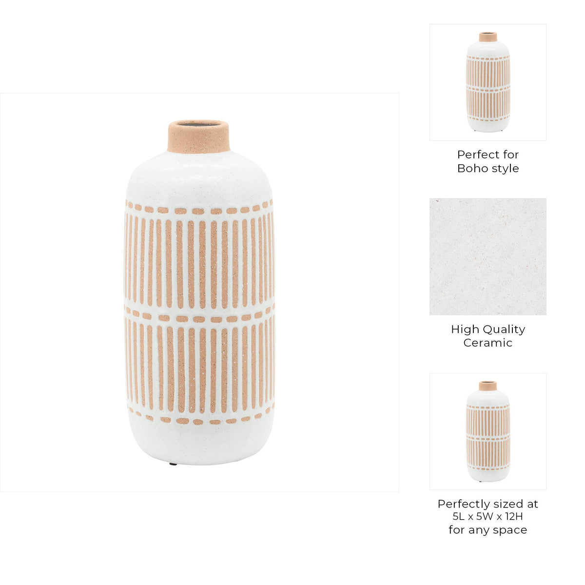 A white ceramic vase with a natural wood top and vertical beige stripe patterns, shown alongside feature callouts on a white background.