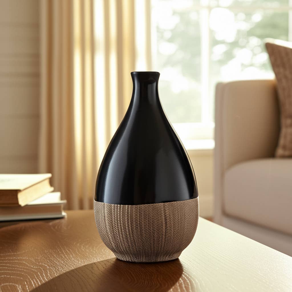 Black and brown vase on a table with a blurred background