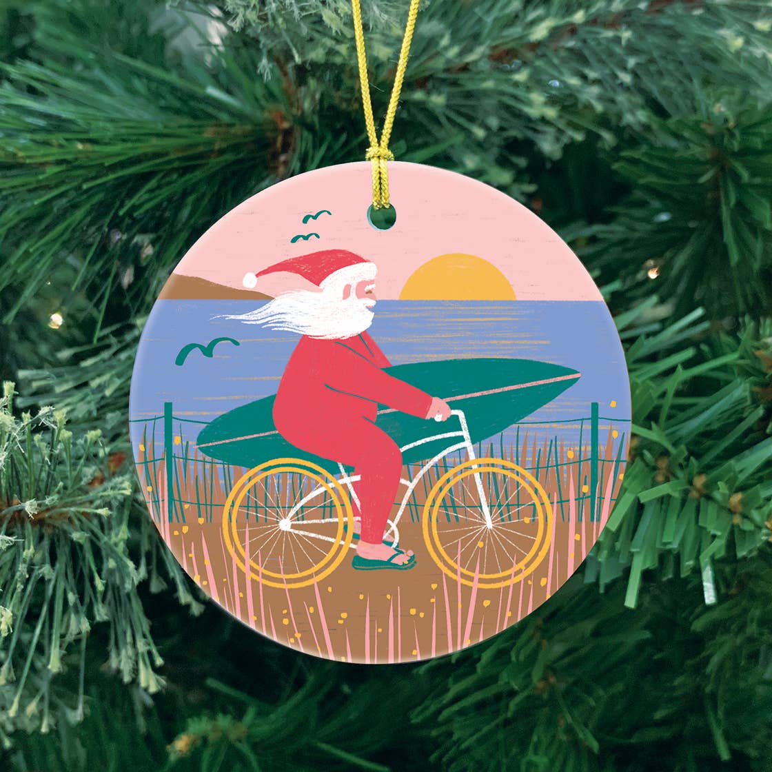 Surfer Santa Christmas Holiday Ornament