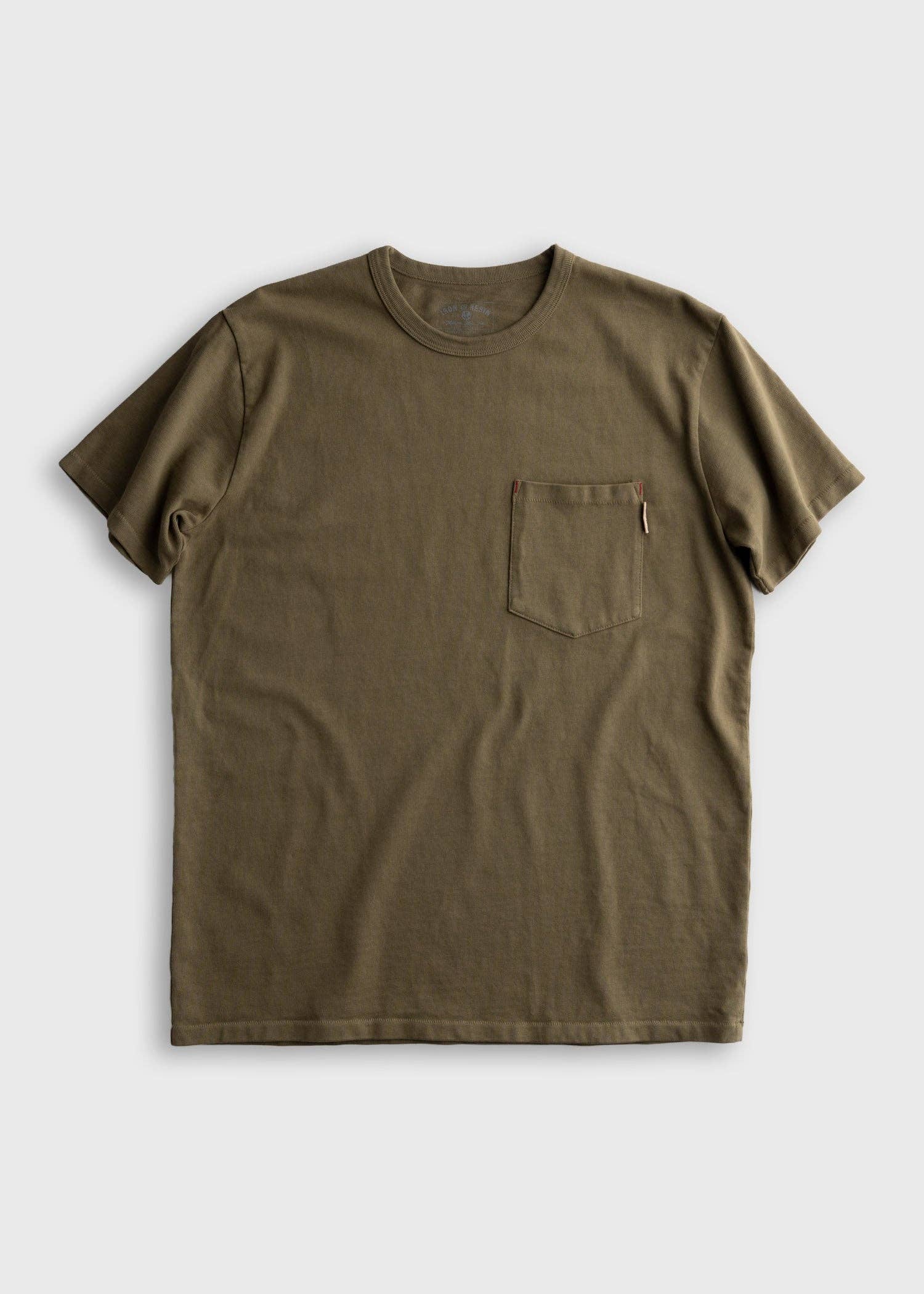 Olive green t-shirt with a pocket on a white background
