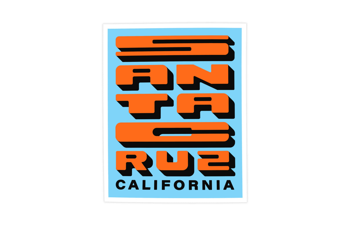A square graphic print featuring the text 'Santa Cruz California' in bold orange and black block letters on a light blue background, centered on a white backdrop.