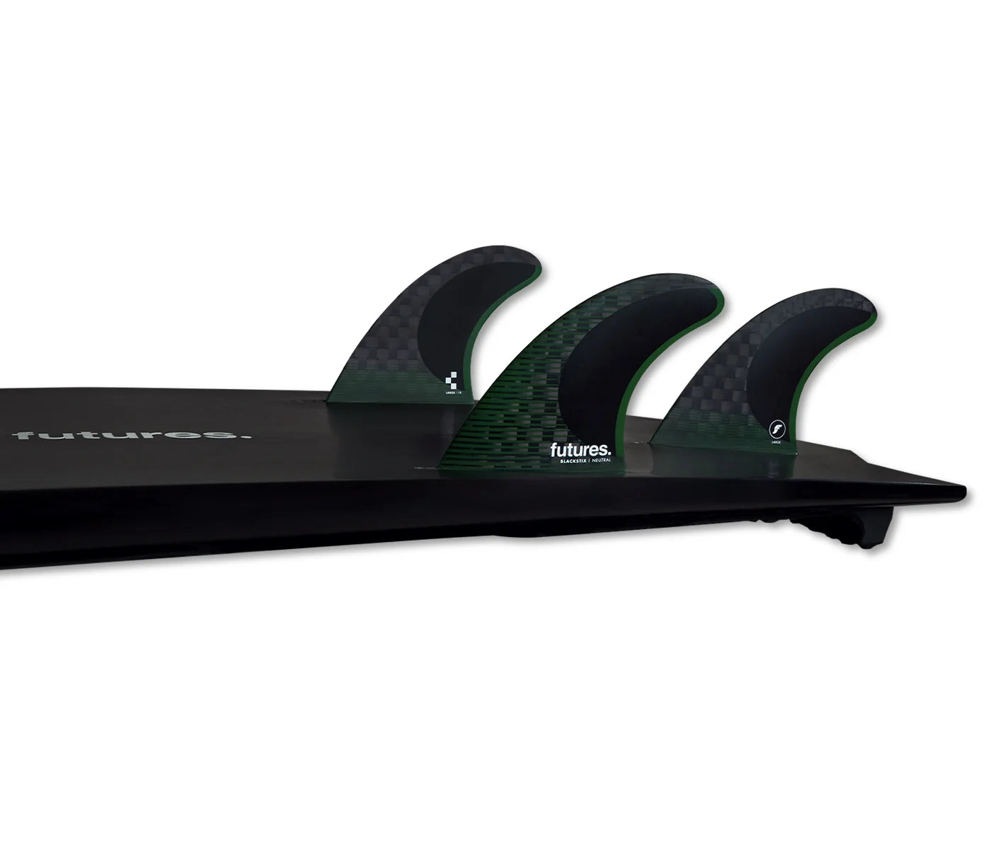 Black surfboard with Futures F8 Blackstix Thruster Fin Set (Large)