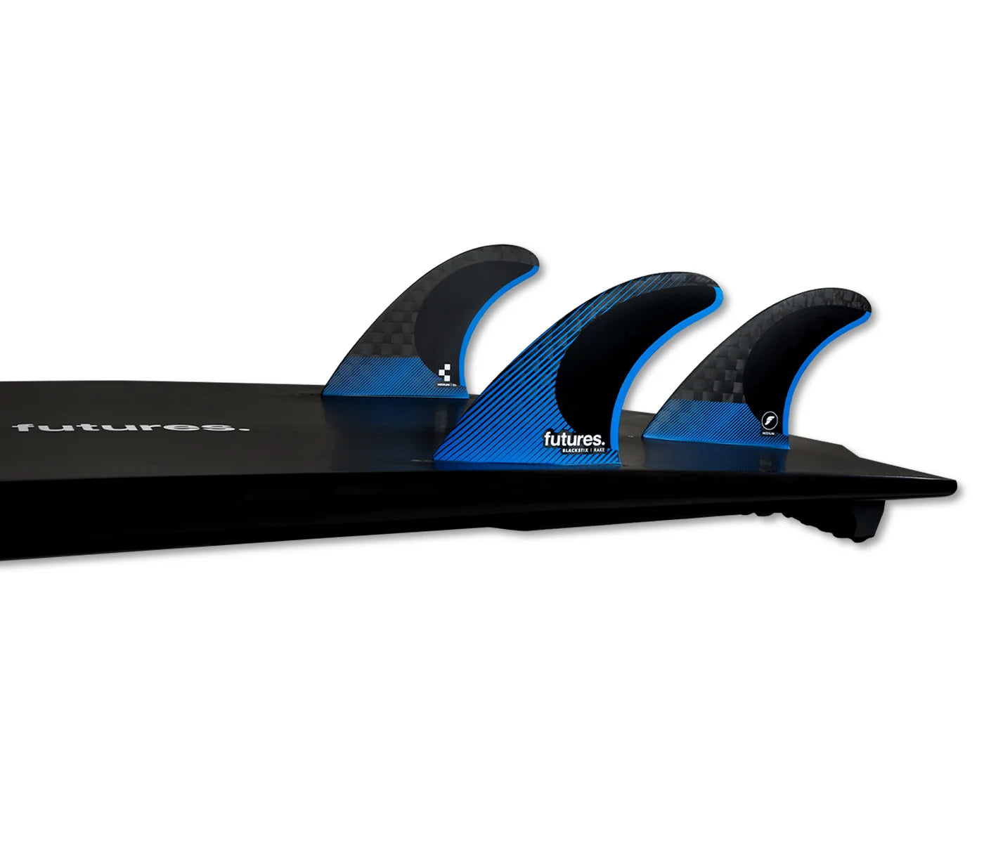 surfboard with Futures R6 Blackstix Medium Thruster Fin Set