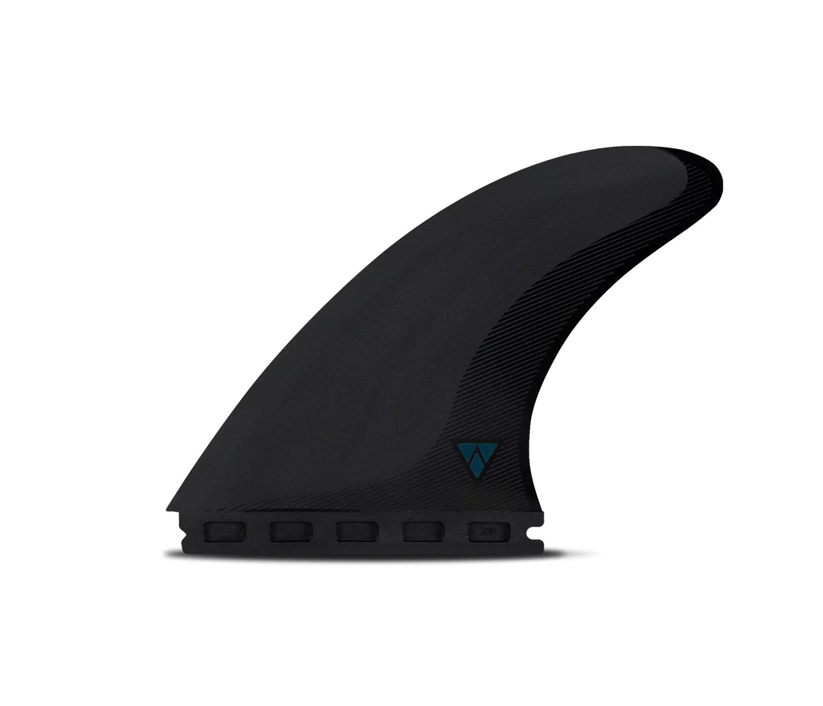 A single black carbon-fiber-textured AM2 Thruster-Alpha Series surfboard fin with a small blue triangular logo near the base, shown on a clean white background.