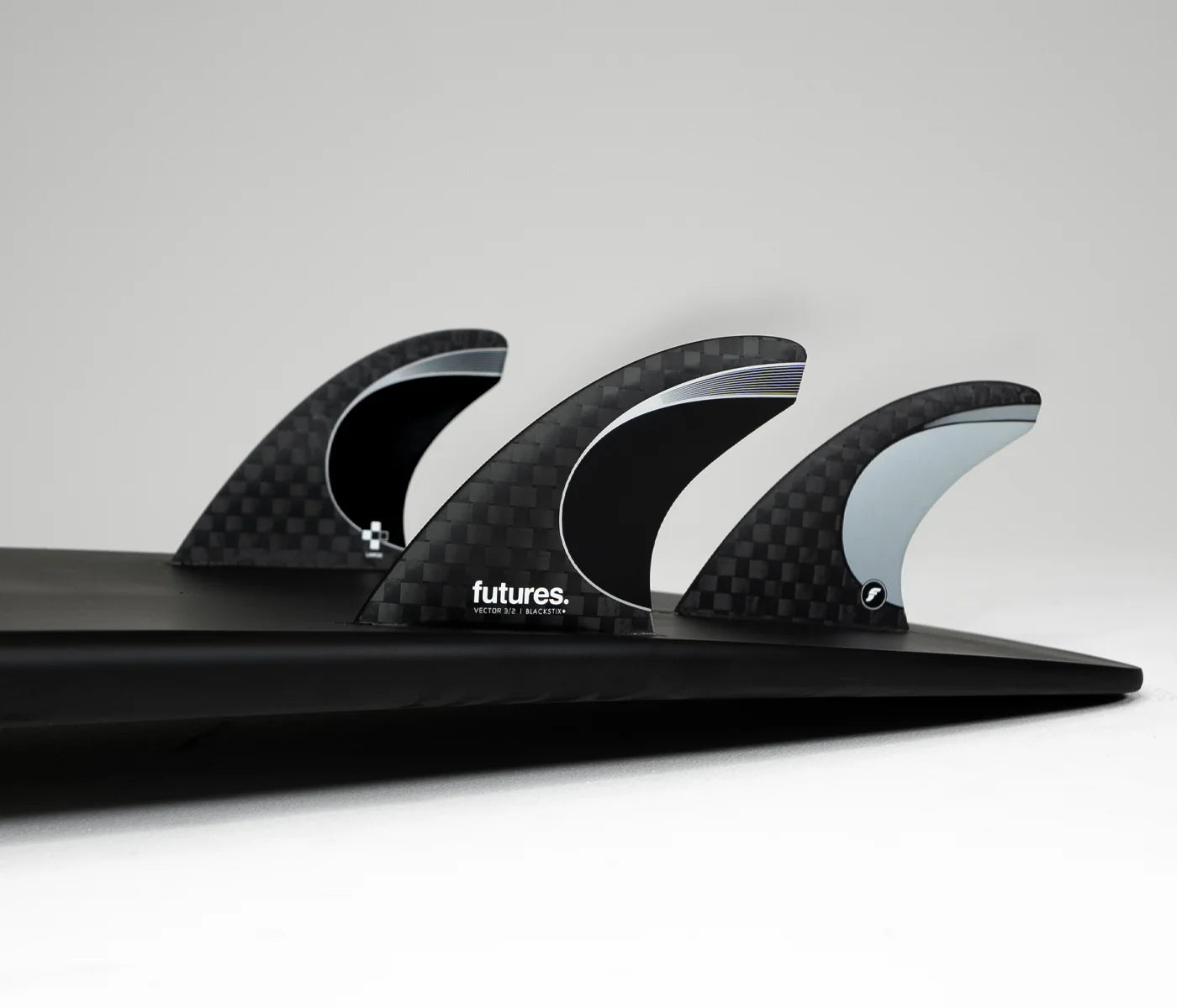 Surfboard with Futures Vector 3/2 Blackstix+ Large Thruster Fin Set