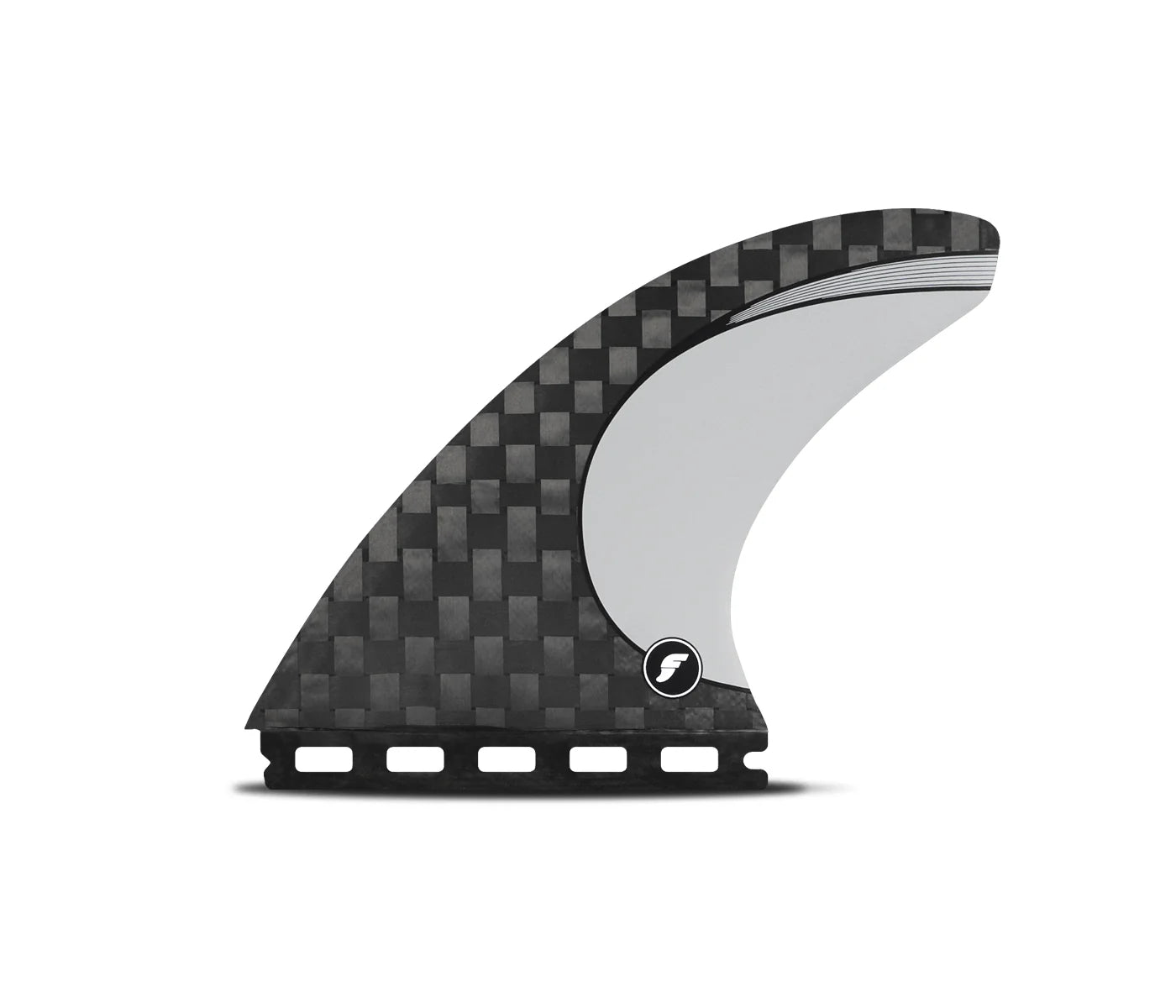 Carbon fiber surfboard fin with a white center on a white background
