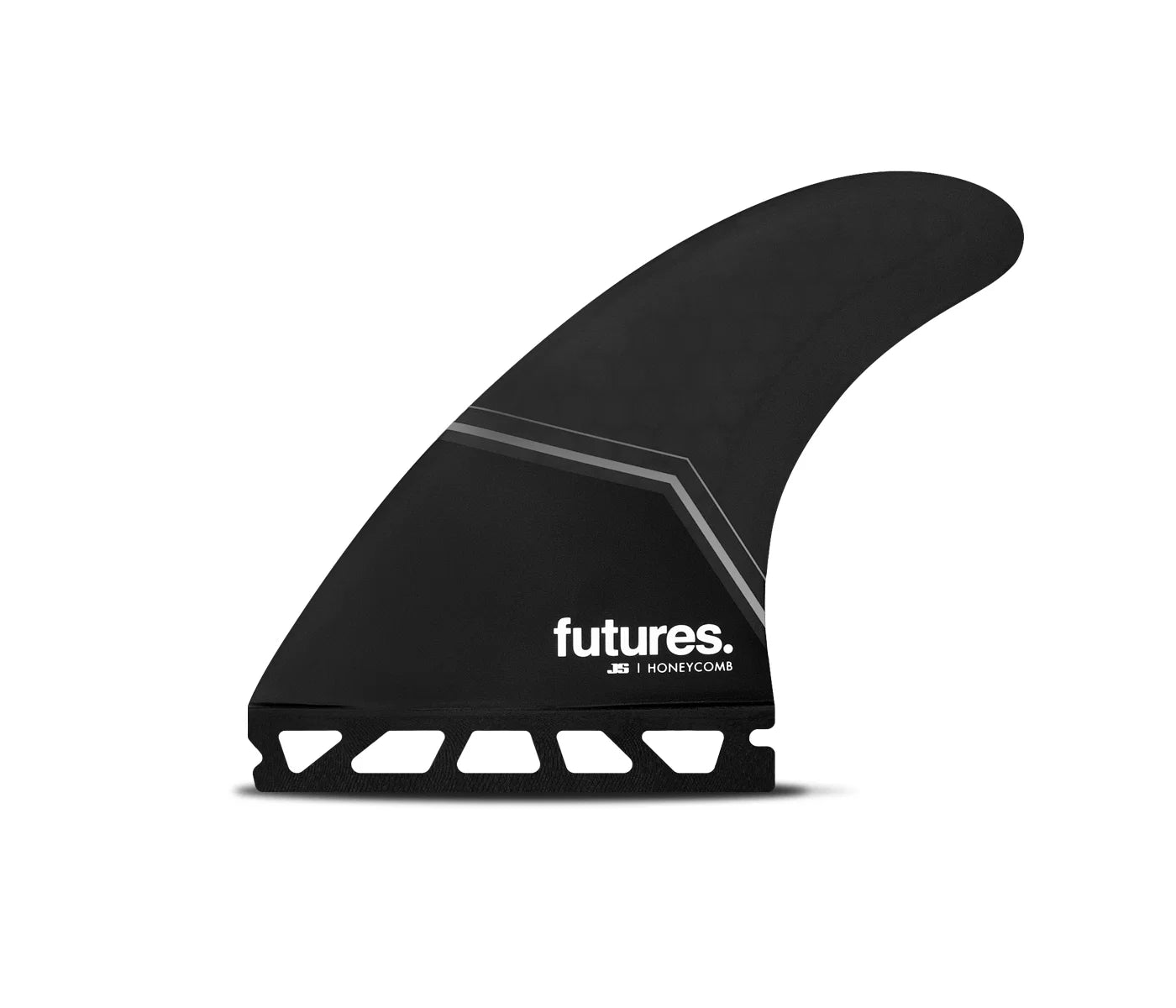 Black JS Honeycomb Thruster Fins with 'futures' branding on a white background