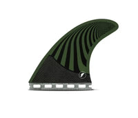 A dark green and black carbon fiber Futures Pyzel Control Honeycomb Thruster Fin Set with a ribbed pattern, shown on a clean white background.