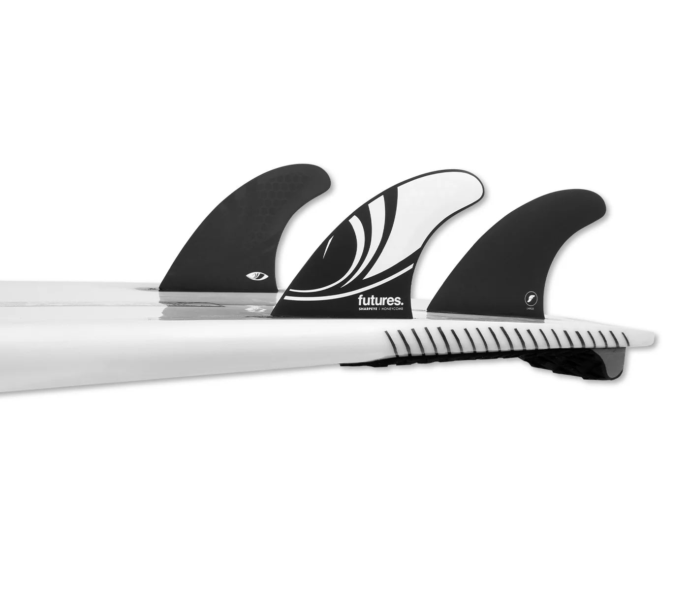 Surfboard with Futures Sharp Eye Honeycomb Thruster Fin Set