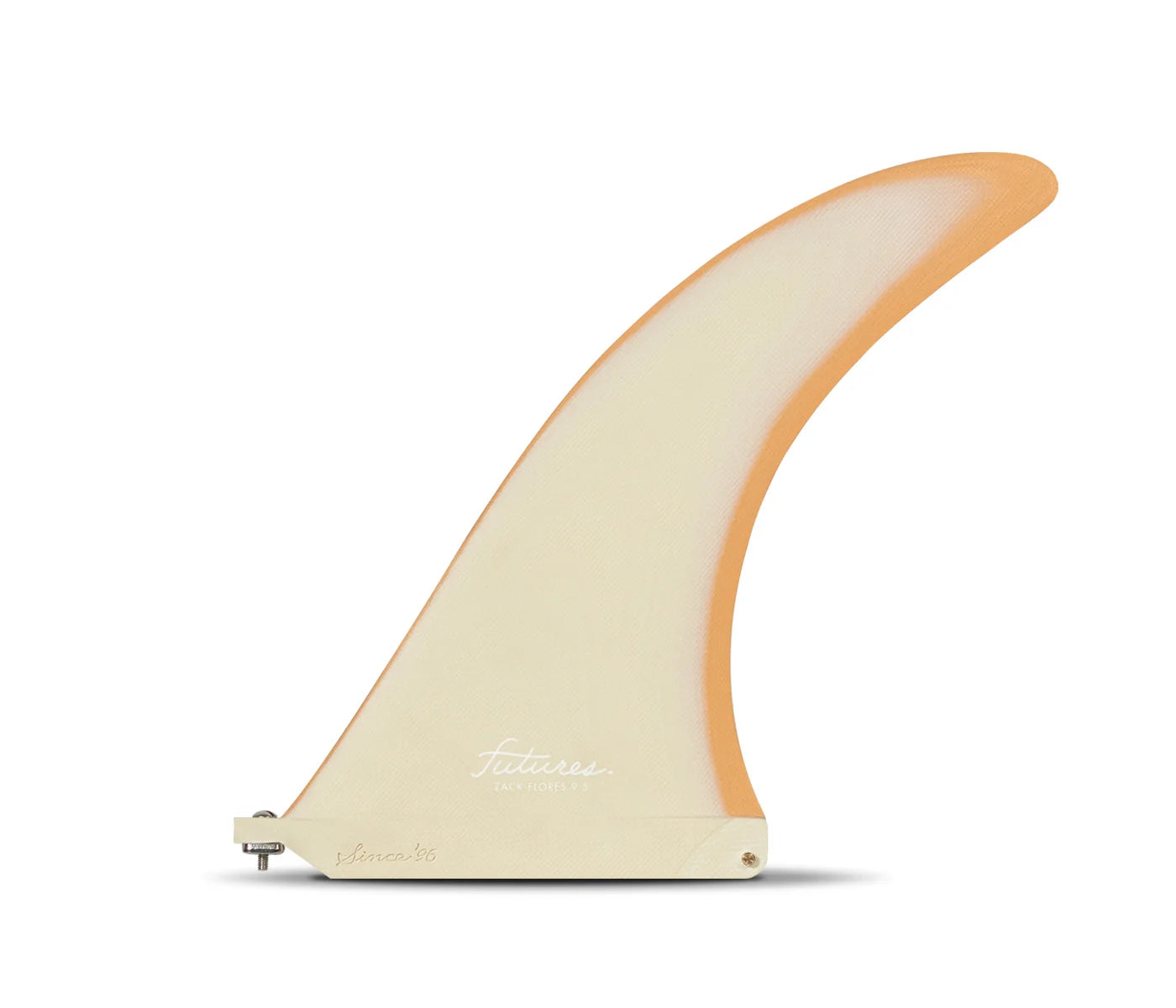 Futures Zack Flores Flex Fiberglass Single Fin (9.5") with a white and orange design on a white background