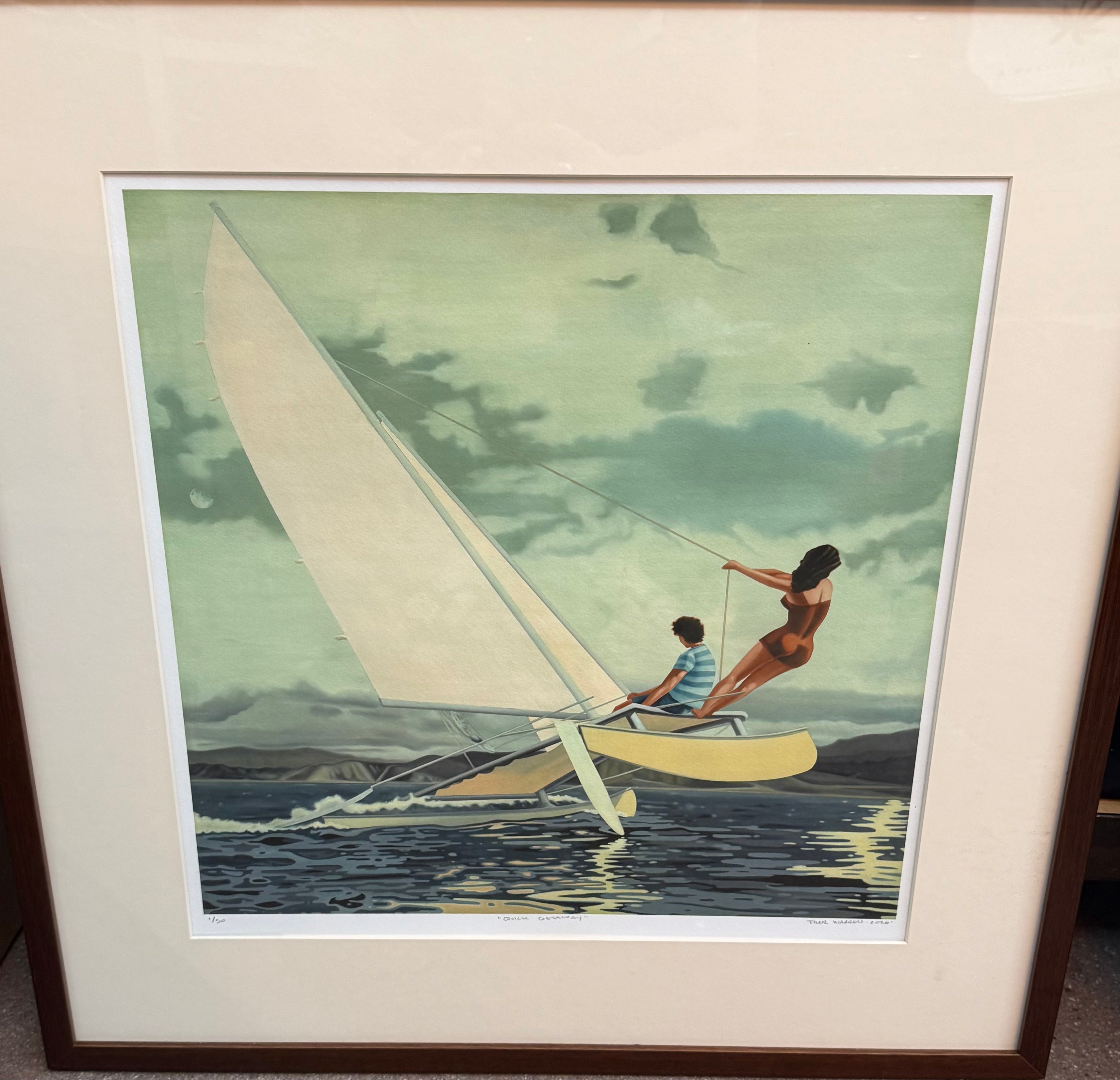 Framed artwork of a sailboat with two people on a scenic background