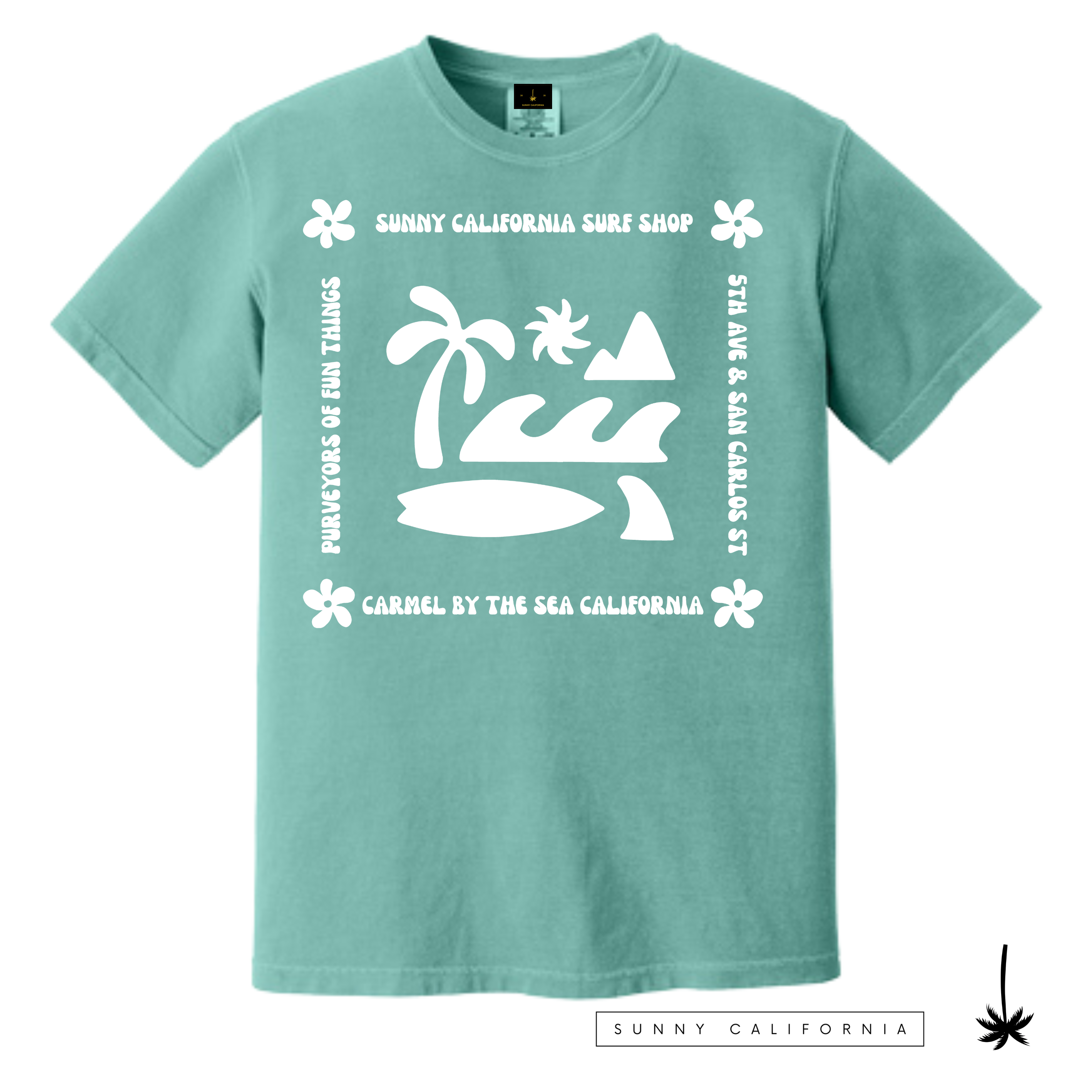 Teal t-shirt with white graphic design on a white background