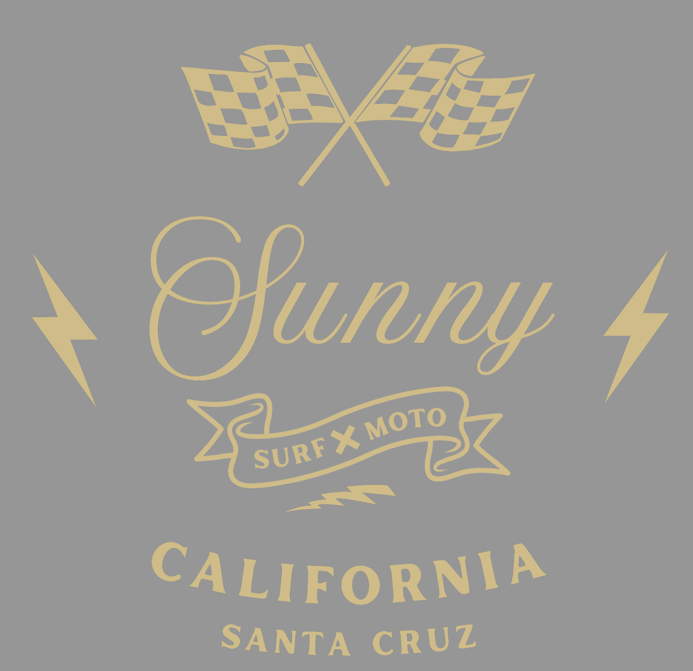 Gold graphic design with 'Sunny California Santa Cruz' text on a gray background