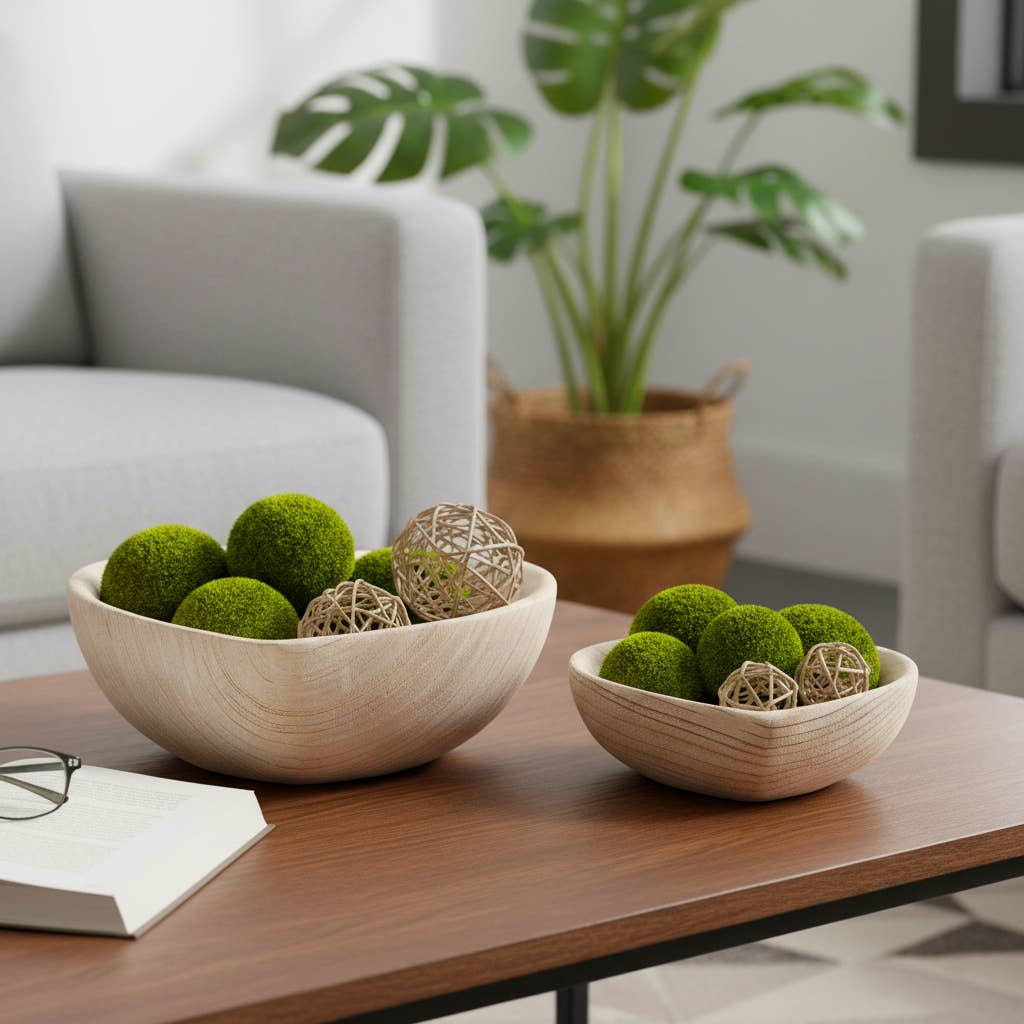 Two light wood decorative bowls filled with green moss balls and woven spheres, styled on a wooden coffee table in a modern living room setting.